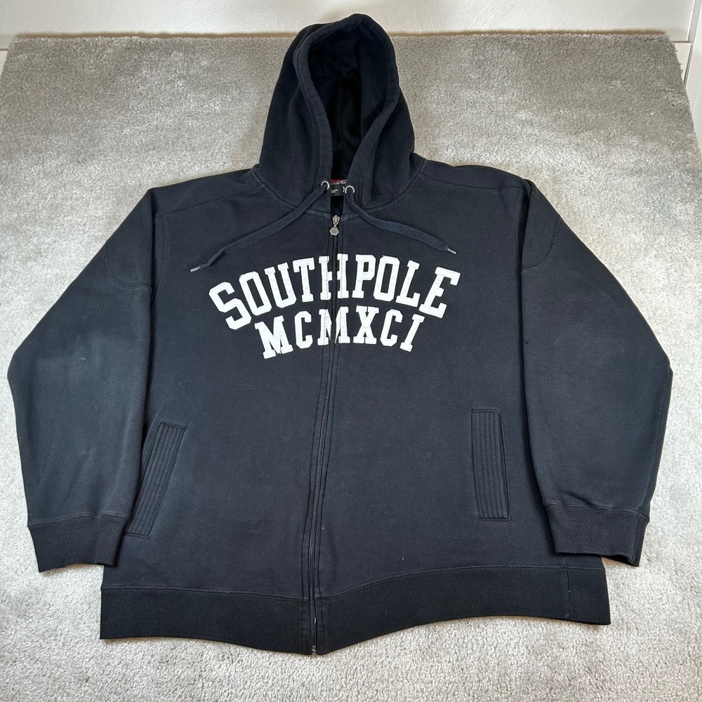 Vintage Southpole Full Zip Hoodie Mens XXL Black Logo MCMXCI Streetwear Fleece